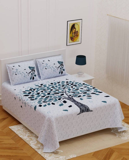 Vamika Printed Cotton White Bedsheet With Pillow Covers (PM Tree Grey)