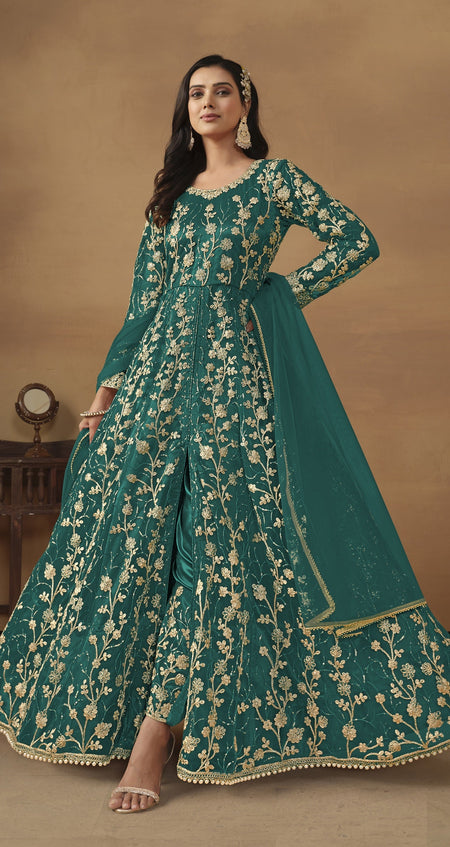 Anaita Teal Embroidered Butterfly Net Anarkali Suit