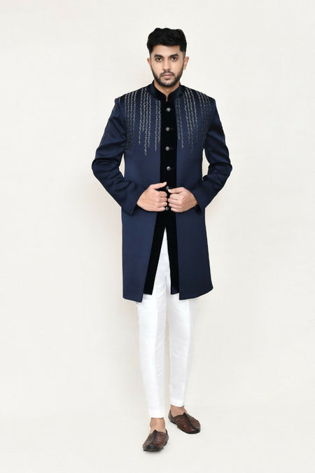 Joban Fashion Blue Colored Velvet Fabric Open Jacket, Indo Western With Straight Fit Pant
