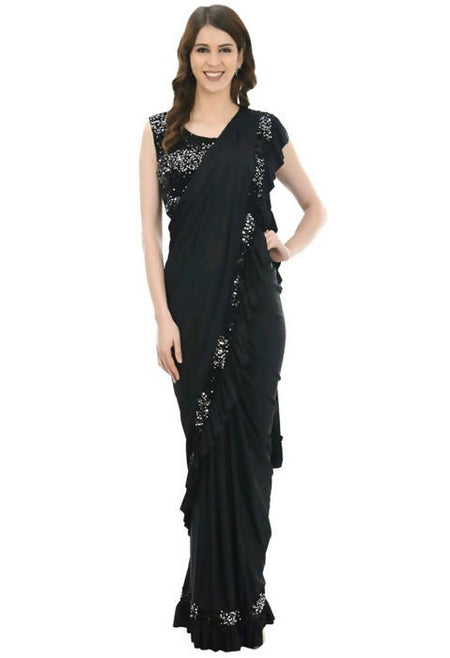 Mominos Fashion All Season Wear Black Ruffled Ready To Wear Saree