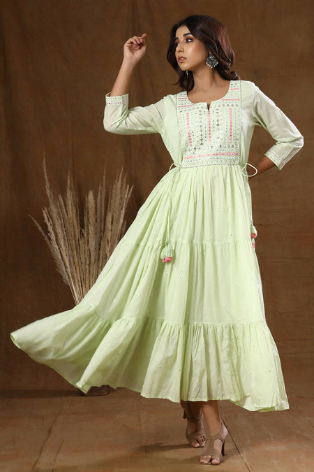 Kaajh Women's Green Mirror Embellishment Anarkali Kurta