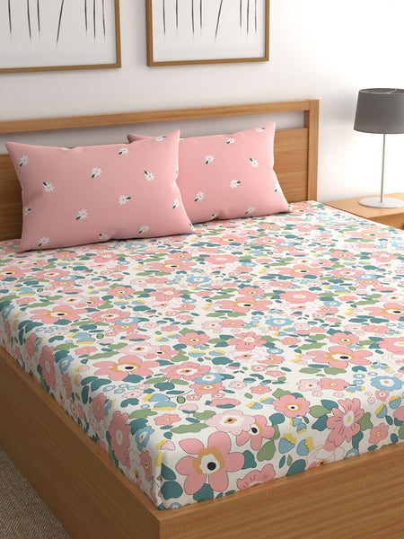 CHHAVI INDIA White & Pink Floral Ultra Soft 210 TC King Bedsheet with 2 Pillow Covers