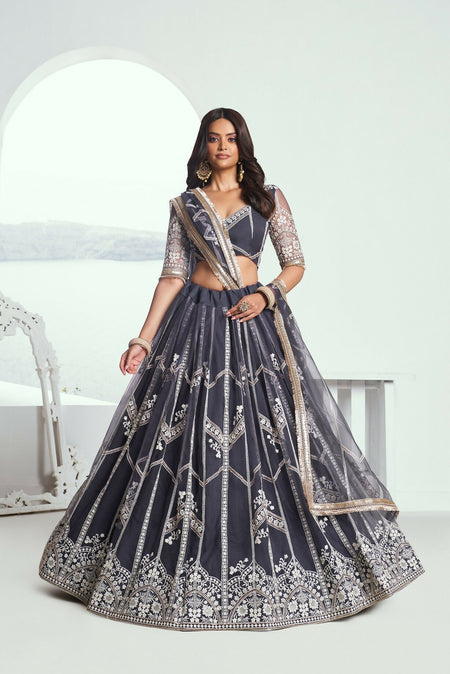 Eilara Appealing Dark Gray Net With Embroidered And Thread Zari Sequence Party Wear Lehenga Choli