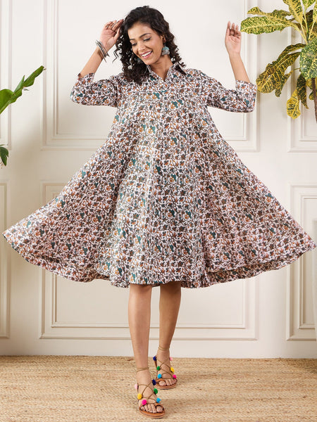 InWeave Teal Floral Sage Jaal Print Collar Dress