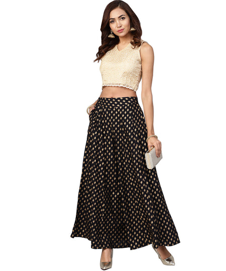 Juniper Women Black Rayon Printed Flared Palazzo