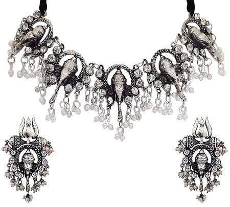 Silver-Plated Alloy Oxidised Ganesh Ji Shape Necklace - The Pari