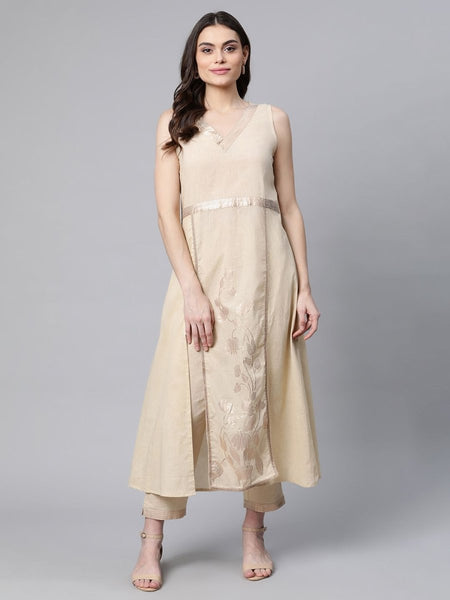 Ahalyaa Women Beige Pure Cotton Printed Floral Kurta With Trousers