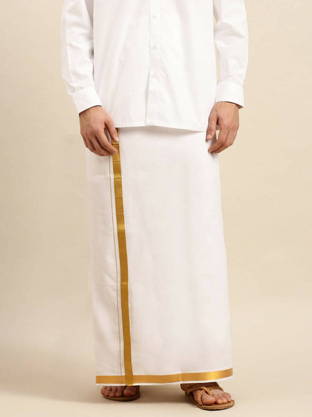 Ramraj Cotton Mens Pure Cotton 1 Inch Gold Jari Dhoti - White