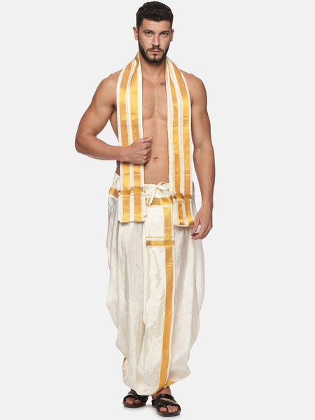 Sethukrishna Men Cream and Gold-Toned Solid Dhoti With Angavastram