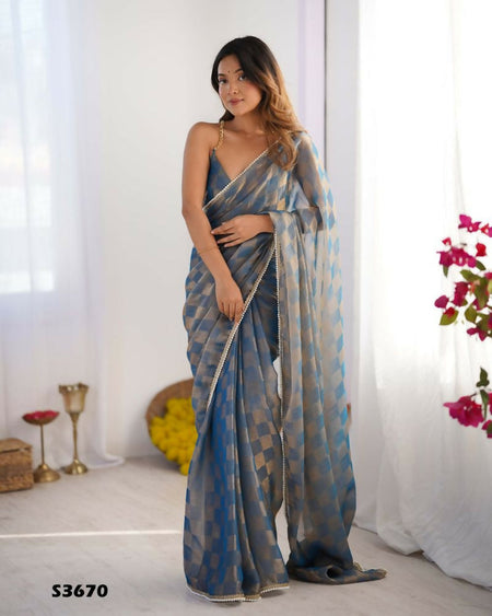 NC Chiffon Chex Wevon Chex Designer, Lace Party Wear Saree - Blue