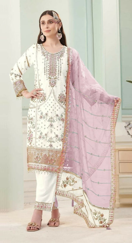 Anaita White Fox Georgette Stitched Suit with Embroidery Sequins
