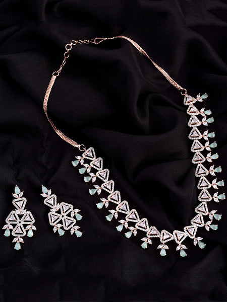 Saraf RS Jewellery Rose Gold-Polished White & Sea Green AD-Studded Handcrafted Jewellery Set