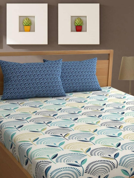 Bajo's White & Green Ethnic Motifs 350 TC Cotton King Bedsheet with 2 Pillow Covers