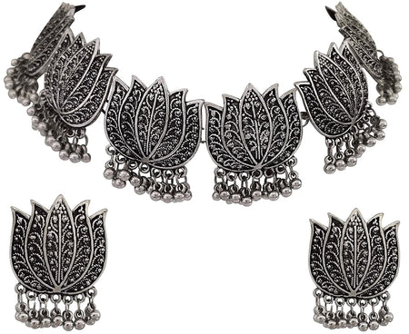 Silver-Plated Alloy Oxidised Lotus Petals Necklace - The Pari