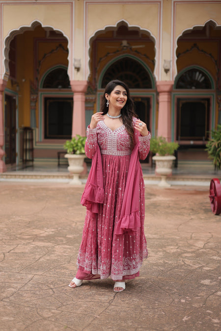 Lorenvalley Fashion Peach Faux Georgette With Rich Sequins & Thread Embroidered Work Kurta Palazzo With Dupatta