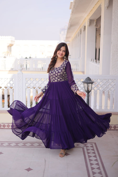 Lorenvalley Fashion Purple Faux Blooming with Sequins & Zari with Pipe Embroidered work Gown