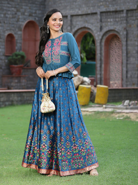 Juniper Women`s Teal Satin Embroidered Flared Lehenga Choli Sets