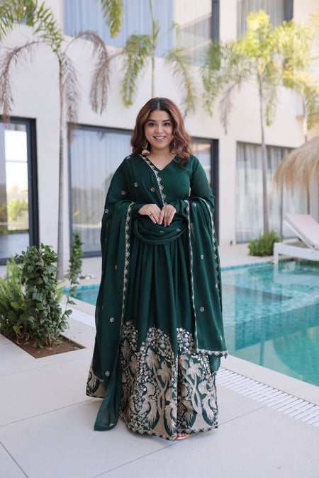 Lorenvalley Fashion Green Rangoli Crush With Sequins Multi Embroidered work Gown with Dupatta