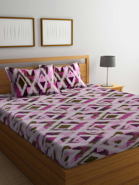 BOMBAY DYEING Marigold Purple Geometric Cotton 104 TC King Bedsheet With 2 Pillow Covers