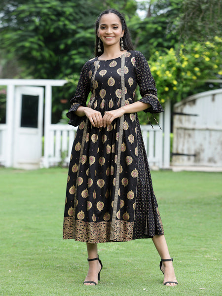 Juniper Women Black Rayon Printed Jacket Style Dress