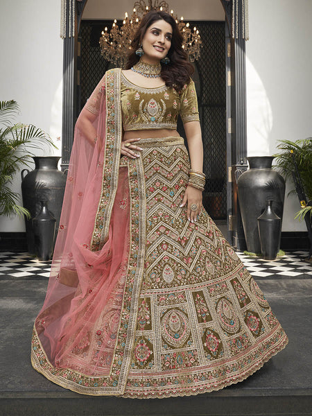 Myra Olive Green Velvet Embroidered Designer Lehenga
