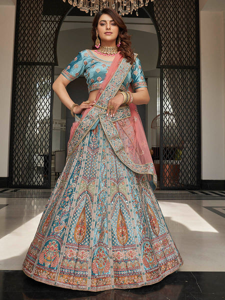 Myra Turquoise Velvet Embroidered Designer Lehenga