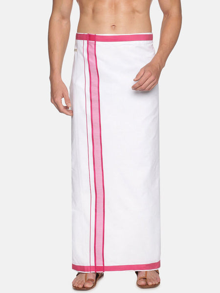 Sethukrishna White & Pink Solid Cotton Dhoti For Men