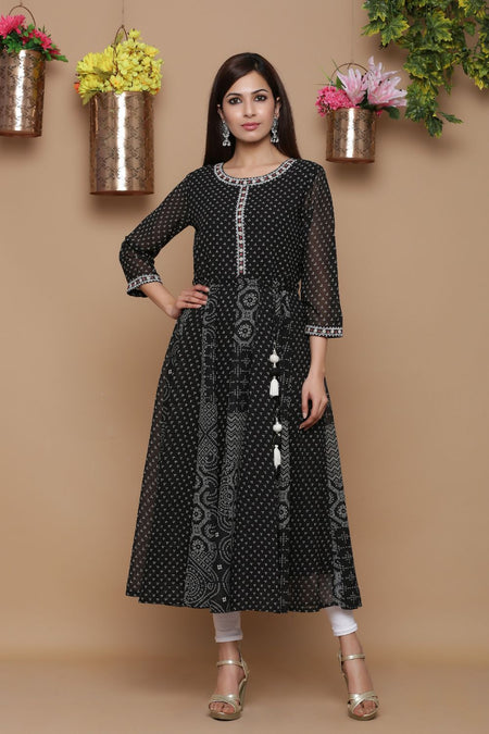 Juniper Womens Black Georgette Bandhani Print Kurta