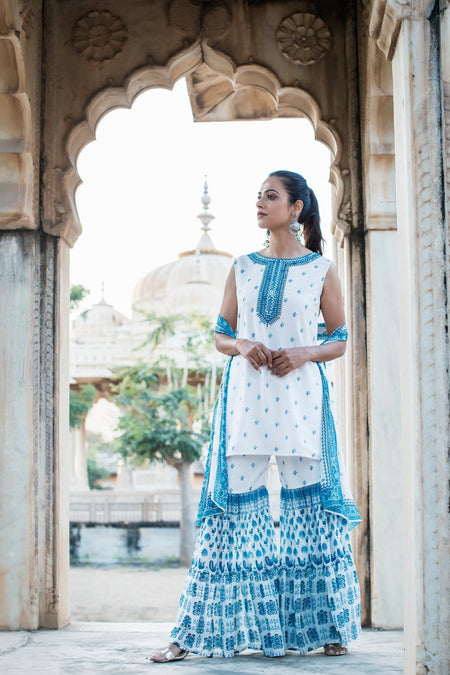 Juniper Womens Blue Embroidered And Printed Kurta Sharara Dupatta Set