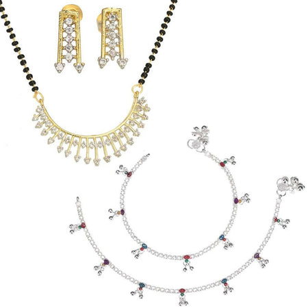 AanyaCentric Gold-Polished Mangalsutra Pendant Earring Set & Silver Plated Anklet