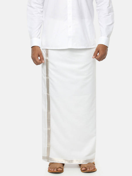 Ramraj Cotton Mens Cotton Silver Jari Dhoti - White
