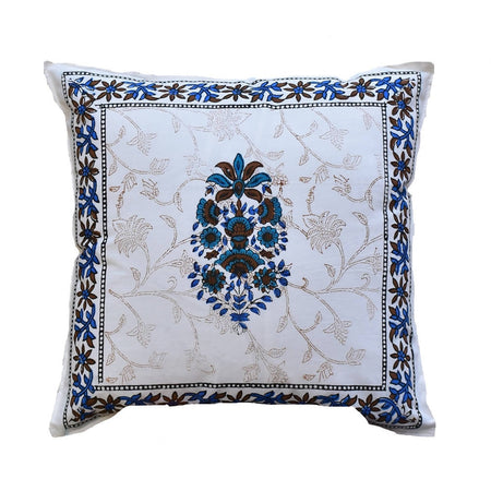 The Decor Nook Blue Floral Print With Blue Brown Border Cushion Cover
