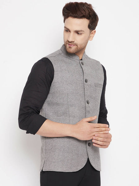 Even Apparels Grey Wool Men Woven Nehru Jacket WL730