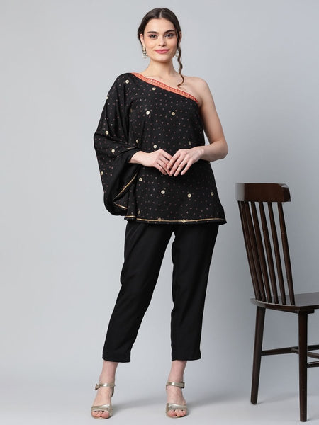 Ahalyaa Women Black Crepe Printed Top with Trouser Set