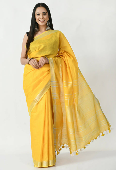 Mominos Fashion Moeza Yellow Bhagalpuri Handloom Silk Linen Saree with unstitched Blouse piece