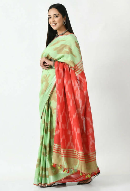 Mominos Fashion Moeza Light Green & Red Bhagalpuri Handloom Ikat Pure Cotton Saree with unstitched Blouse piece