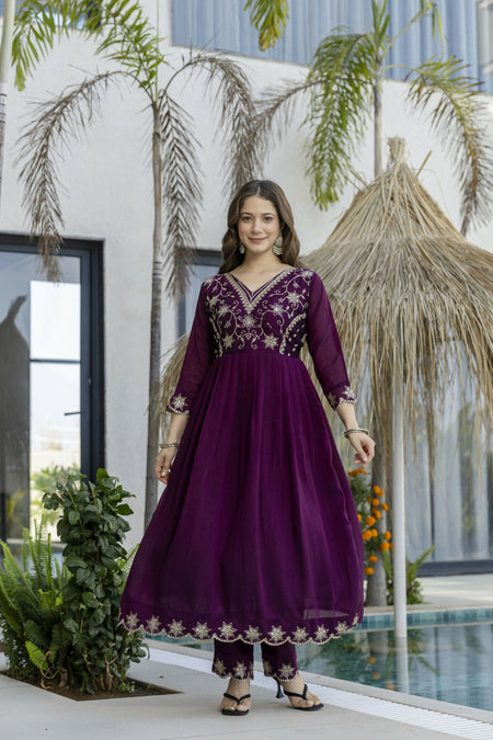 The52 Women's Beautiful Embroidery Work Vichitra Silk Fabric Flared Anarkali Pant and Dupatta Set