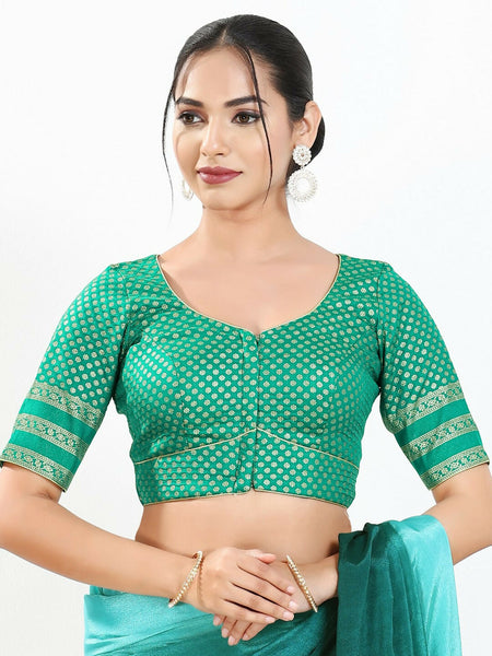 Joban Fashion Rama Green Brocade Padded Blouse With Round Neck Elbow Sleeves
