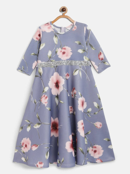 Ahalyaa Light Blue Digital Print Floral Kids Dress For Girls