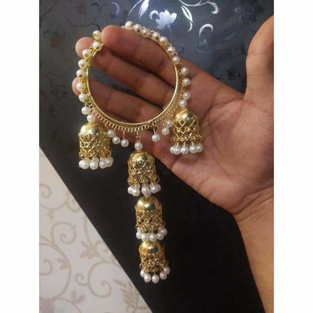 MS Fashion India Gold Color White Pearls Hanging Bangles With Jhumkas