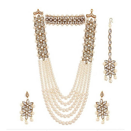 Mominos Fashion Rajwadi Gold-Polished Wirh Stone & Pearls Necklace Combo Set
