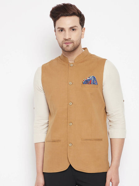 Even Apparels Brown Polyester Men's Nehru Jacket-Contrast Lining-Inbuilt Pocket Square