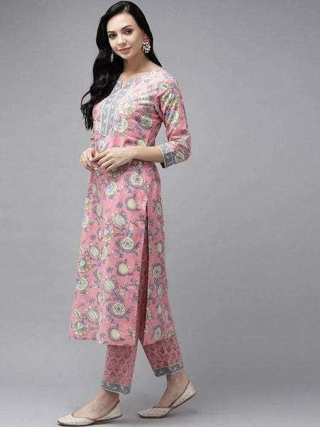 Yufta Pink printed kurta with Trouser & Dupatta Set