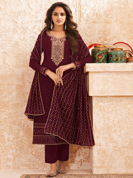 Myra Wine Emboidered Georgette Pant Style Suit