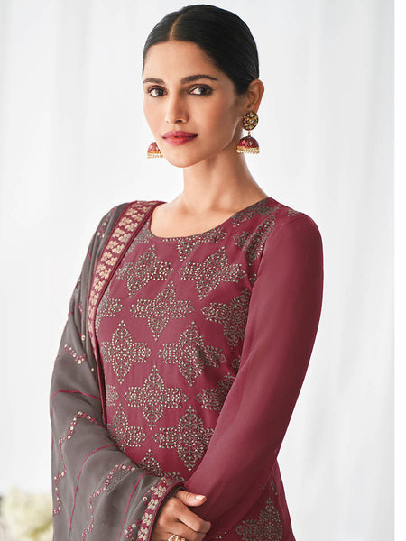 Myra Dusty Maroon and Dusty Grey Real Georgette Palazzo Style Suit
