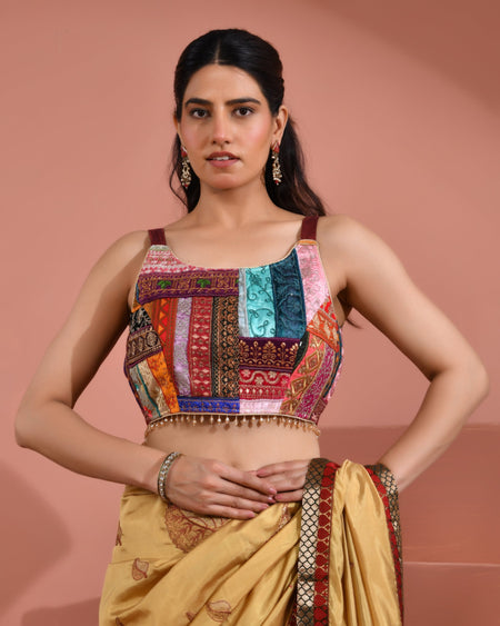 Amodini Designer Studio Women's Multi Colored Patchwork Round Neck Silk Blouse with Lace