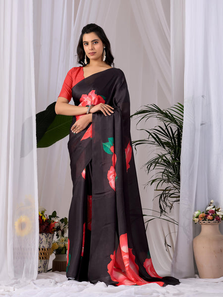 Aastha Fashion Black Soft Satin Georgette Printed Saree