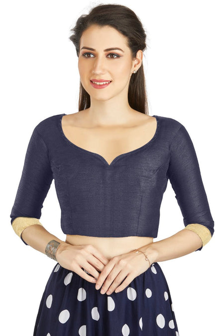 Aastha Fashion Navy Blue Art Silk Sweet Heart Neck style Matty in Sleeves Readymade Blouse
