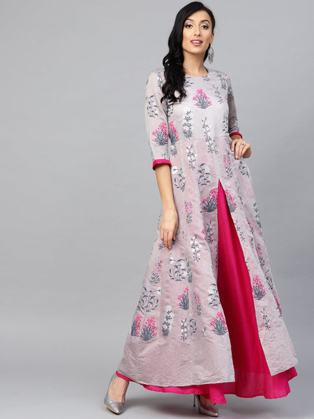 Ahalyaa Women Grey & Pink Floral Printed Layered Beautiful Maxi Dress