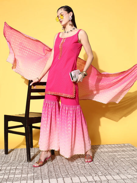Ahalyaa Women Pink Ombre Printed Gotta Patti Kurti with Sharara & With Dupatta